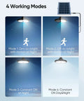 Dual Head Solar Pendant Lights With Motion Sensor, 4 Modes, Waterproof showcasing operation modes with solar panel