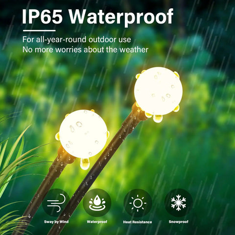 Solar Outdoor Firefly Lights For Garden And Yard Waterproof Wind Swaying Pathway Stakes glowing in the rain with IP65 protection