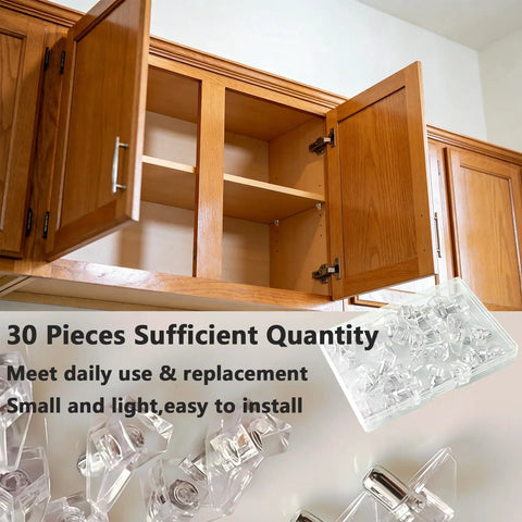 Clear Shelf Pegs 30 Pack 5mm Transparent Cabinet Support Holders displayed in a kitchen cabinet with easy access.