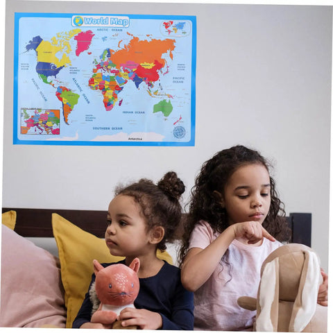 Colorful Laminated World Map Poster for Kid Friendly Wall Decor Educational Geography Chart with kids playing below poster.