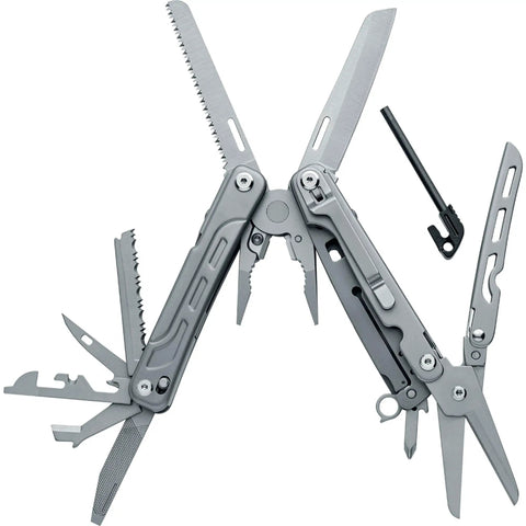 Fortitude BF 206 17 In 1 Stainless Steel EDC Multi Tool Pocket Knife open, showing various tools and nylon sheath for camping and hiking.