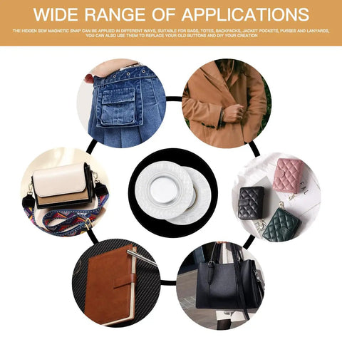 Set Of Twenty Five Mini Invisible Magnetic Snaps With Badass Hold For Baby Bibs Kids Apparel And DIY Craft Sewing Projects Round PVC Hidden Purse Hardware Kit shown in various applications including bags and clothing.
