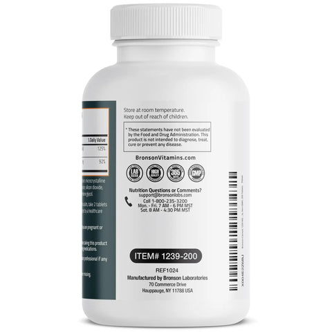 Back view of Calcium 1200mg Plus Vitamin D3 1000 IU High Potency Mega Formula Non GMO 200 Tablets bottle showing label details.