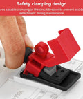 Clamp-On Circuit Breaker Lockout Kit 12 Piece Set With Small Medium Large Lockouts For Single Pole Breakers, red lockout clamp in use.
