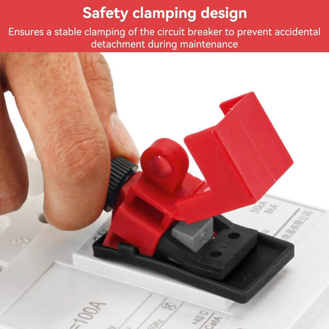 Clamp-On Circuit Breaker Lockout Kit 12 Piece Set With Small Medium Large Lockouts For Single Pole Breakers, red lockout clamp in use.