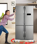 Person moving refrigerator with Mobile Fridge Stand Base With Wheels, Adjustable Furniture Dolly For Washer, Dryer, And Refrigerator.