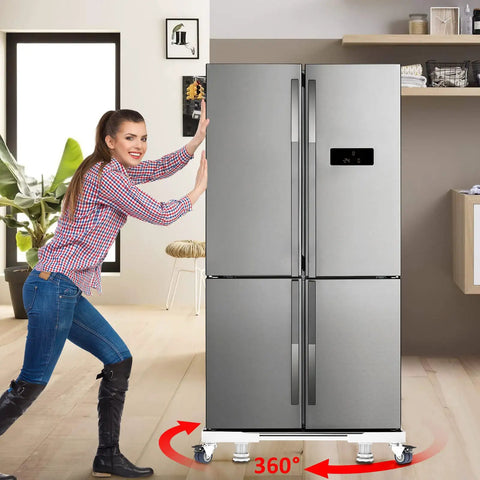 Person moving refrigerator with Mobile Fridge Stand Base With Wheels, Adjustable Furniture Dolly For Washer, Dryer, And Refrigerator.