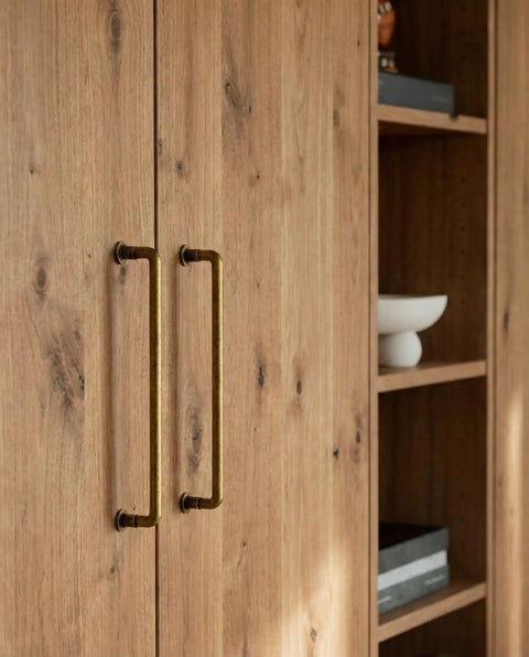Antique Brass Cabinet Pulls 7 9/16 Inch Vintage Industrial Zinc Alloy Drawer Handles With Decorative Screw Detail on wood cabinet