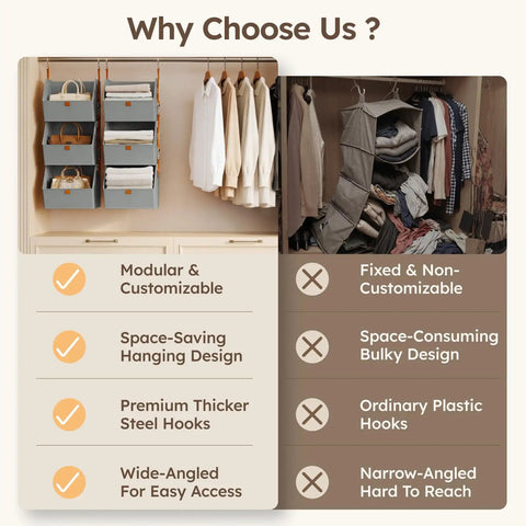 Hanging Closet Organizer 4 Tier With Detachable Fabric Bins And Collapsible Baskets, No Fuss Space Saving Closet System For Home Dorm RV, Easy Access Open Shelf Design, Gray in modular and customizable setup comparison.