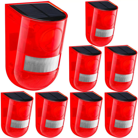 Red Solar Powered Motion Sensor Alarm System With 129dB Outdoor Siren Waterproof Driveway Alarm Deterrent Strobe 6 LED Lights, 8 Pack