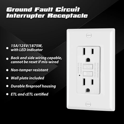 Straight Up Rock Solid 5 Pack 15 Amp Gfci Outlets For Indoor Wall Wiring Etl Approved White Non Tamper Resistant Gfi Receptacles With Bright Green Indicator And Dead Simple Reset Switch on a black background.