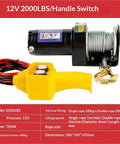 Heavy Duty 12 Volt Electric Hoist Winch For Car Lift And Off Road Rescue With Waterproof Design Perfect For Workshop Self Help Extraction Jobs Up To 2000 Lbs showing the motor and controller with specs.