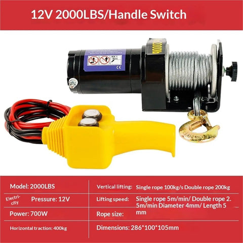 Heavy Duty 12 Volt Electric Hoist Winch For Car Lift And Off Road Rescue With Waterproof Design Perfect For Workshop Self Help Extraction Jobs Up To 2000 Lbs showing the motor and controller with specs.