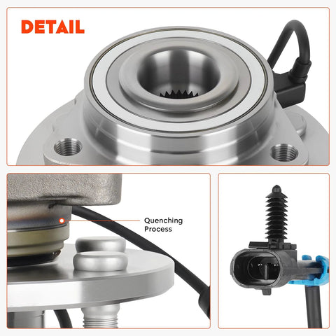 Close-up of 4WD Front Wheel Hub Bearing Assembly With ABS For Chevy Silverado Tahoe Suburban Express 1500 SUVs And Trucks GMC Sierra Cadillac Escalade 99-07 6 Lug AWD 4X4 Replacement Replaces 515036 1 Pack, showing bearing and ABS sensor details.