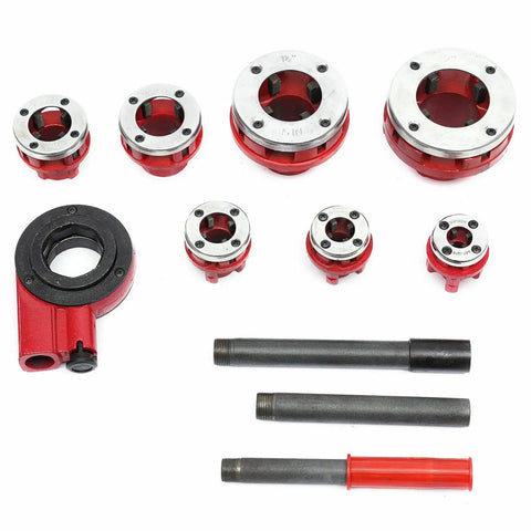 Ratcheting Pipe Threader Kit for Standard Galvanized and PP-R Pipes, handheld threader with seven dies in various sizes.