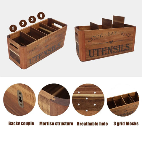 Front and side views of extra large utensil holder for kitchen countertop with four removable compartments in acacia wood.
