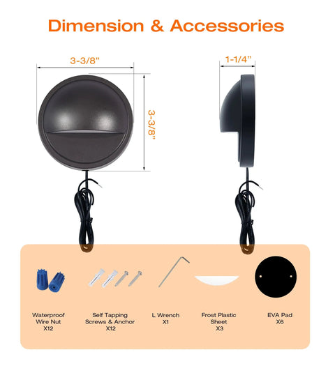 Dimensions and accessories of Six Pack Outdoor Low Voltage LED Deck Lights With Three Color Temperatures 2700K 3500K 5000K