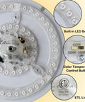 Close-up of built-in LED beads and color temperature control on Modern Gold Flush Mount Ceiling Light With Brass Finish And Beige Drum Shade Dimmable Built In LED 15.7 Inch Wide By 8.1 Inch High Bedroom Fixture Ceiling Mount With 10.6 Inch Canopy