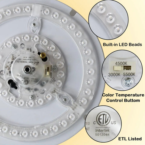 Close-up of built-in LED beads and color temperature control on Modern Gold Flush Mount Ceiling Light With Brass Finish And Beige Drum Shade Dimmable Built In LED 15.7 Inch Wide By 8.1 Inch High Bedroom Fixture Ceiling Mount With 10.6 Inch Canopy