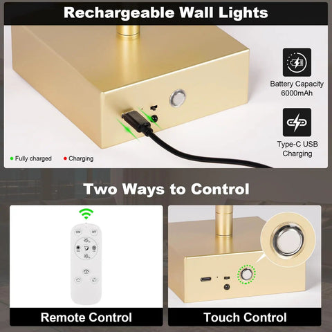 Dope Battery Operated Wall Sconce Set Of Two With Remote Control Dimmable 3000K To 6000K Gold Finish with USB charging detail