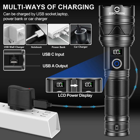 Rechargeable High Lumen Flashlight With 100000 Lumens Hella Bright Long Range Beam Up To 5000 Ft USB C Fast Charge featured with power display