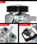 Close-up of No Hustle Easy Swap Air Conditioning Compressor With Clutch showing pulley, rubber plug, and power plug details.