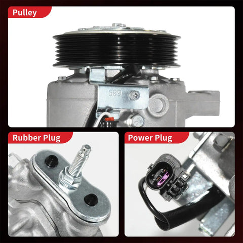 Close-up of No Hustle Easy Swap Air Conditioning Compressor With Clutch showing pulley, rubber plug, and power plug details.