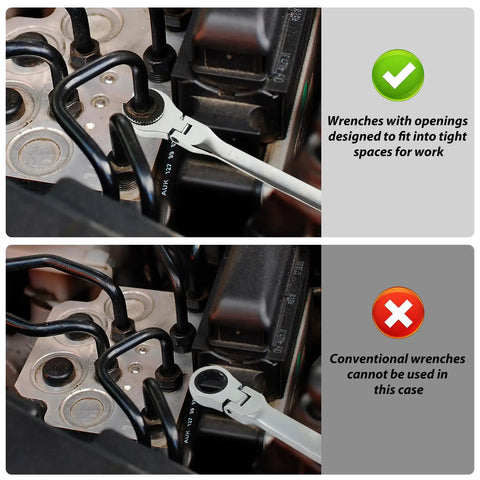 9 Piece Metric Open Flex Head Ratcheting Wrench Set 8 To 17mm With 72 Tooth Mechanism used in tight engine space