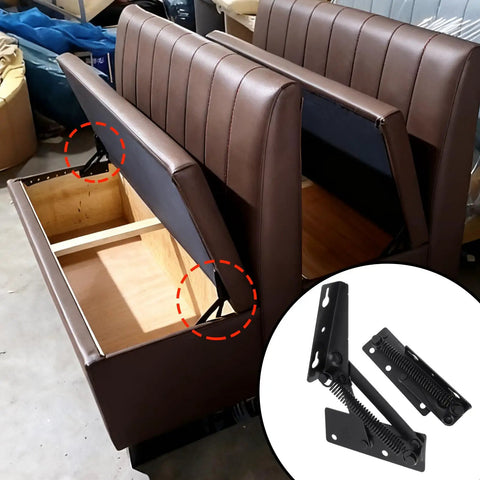 Opened storage bench with 80 Degree Foldable Lifting Bracket Hardware for Storage Box Flip Up Spring Hinges Left And Right Set
