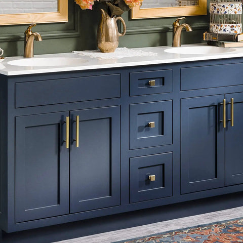 Blue bathroom vanity with 25 pack gold cabinet handles pulls for dresser drawers and kitchen cabinets door pulls brushed brass hardware