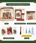 DIY Mini Beer Shop House Kit For Adults 3D Wooden Puzzle Tiny Home With Furnished Interior Book Shelf Decor Craft Project Dope For Puzzle Fans And Beer Lovers Finished Size 6.69 Inch Long By 5.9 Inch Wide By 7.87 Inch Tall with components displayed including box, tools, and parts.