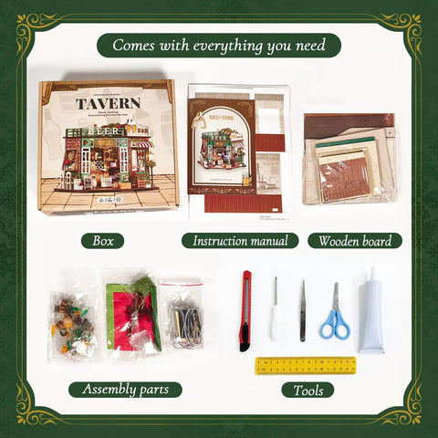 DIY Mini Beer Shop House Kit For Adults 3D Wooden Puzzle Tiny Home With Furnished Interior Book Shelf Decor Craft Project Dope For Puzzle Fans And Beer Lovers Finished Size 6.69 Inch Long By 5.9 Inch Wide By 7.87 Inch Tall with components displayed including box, tools, and parts.