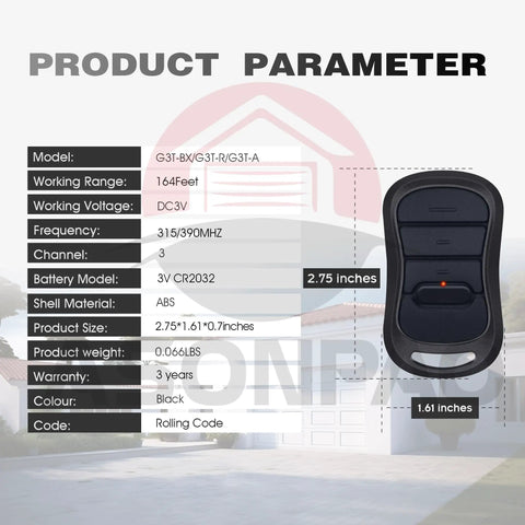 2-Pack G3T R Remote Replacement for Genie Garage Door Opener With Auto Seek and Rolling Code, product dimensions displayed