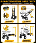 4 In 1 Convertible Hand Truck With 1000 Lb Capacity Dolly Cart And Wheels, Built Tough Heavy Duty Steel Frame For Moving Furniture And Boxes, Easy Load Transfer, Portable Mobility, And Versatile All Purpose Use, shown in upright, tilt and flatbed modes