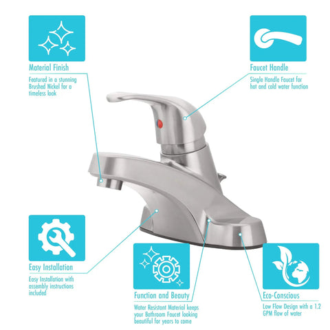 WaterSense Certified Brushed Nickel Single-Handle Bathroom Sink Faucet With Sleek Modern Look, durable metal, easy-use lever