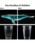 Resiners Resin Bubble Remover Airless Pro collage showing resin with bubbles before/after, plus 2 cups (bubbly, clear).