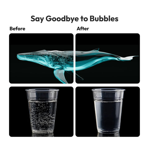 Resiners Resin Bubble Remover Airless Pro collage showing resin with bubbles before/after, plus 2 cups (bubbly, clear).