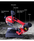 Heavy Duty Horizontal Metal Band Saw Machine Packed With A Beefy 600 Watt Motor handles features like start switch and angle adjustment screw.