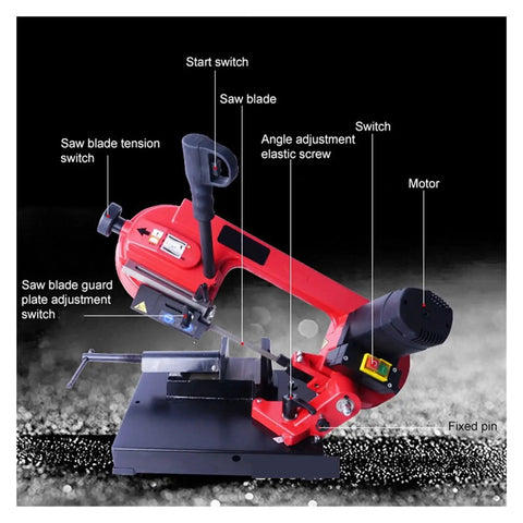 Heavy Duty Horizontal Metal Band Saw Machine Packed With A Beefy 600 Watt Motor handles features like start switch and angle adjustment screw.