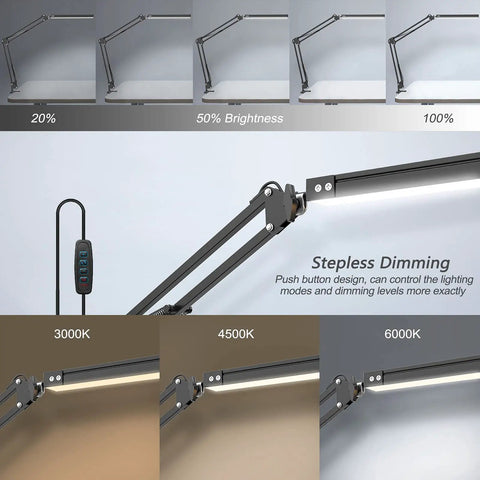Swing Arm Desk Lamp With Clamp Dimmable Eye Care Desk Light Memory Function Three Color Modes Ten Brightness Levels in various settings