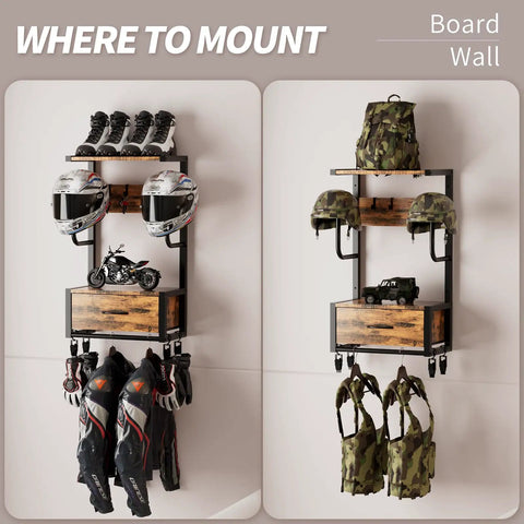 Built Tough Heavy Duty Motorcycle Helmet Holder Wall Mounted Rack Holds Six Helmets And Riding Gear Storage Organizer For Your Garage Or Bike Shop Display Unit with helmets and gear.