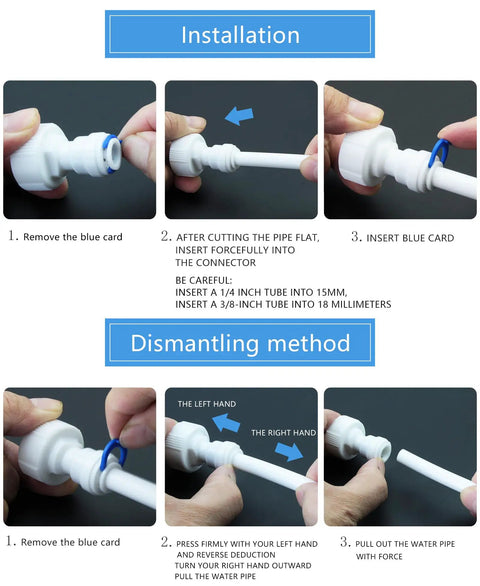 Installation and dismantling of Three Eighth Inch Female Thread Straight To One Quarter Inch Push In Quick Connect Fitting for RO systems.