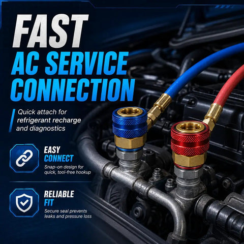 R134a Quick Coupler Kit 2 Pack With 1 Quarter SAE Thread Pro Grade Auto AC Service Adapters For DIY Techs Compatible With Manifold Gauges And Vacuum Pumps For Refrigerant Recharge Fits Mini Split Car AC Maintenance blue and red brass couplers on AC lines