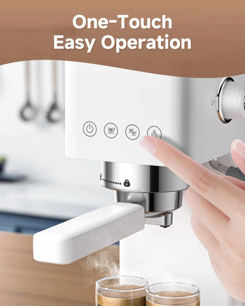 User operating Compact 20 Bar Espresso Machine With Steam Milk Frother And 50oz Removable Water Tank For Home Use Coffee Maker