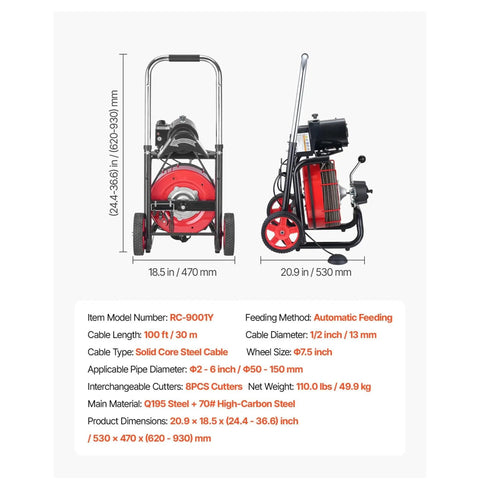 Rock Solid 100 Ft Drain Cleaner Machine 8 Cutter Sewer Snake Auger, automatic feeding, 100 ft steel cable, suitable for 2-6 inch pipes.