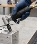 Heavy Duty Pneumatic Air Angle Die Grinder 12000 RPM in use on aluminum part for auto repair and mold trimming projects.