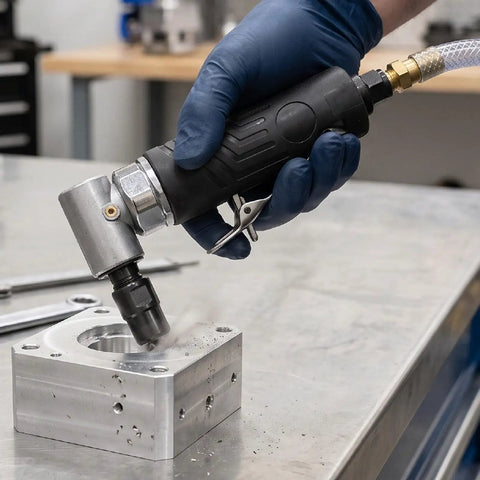 Heavy Duty Pneumatic Air Angle Die Grinder 12000 RPM in use on aluminum part for auto repair and mold trimming projects.
