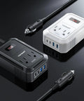 Roadtrip Ready Car Power Inverter Converts Dc 12V To Ac 110V With 200 Watt Output, showing black and white inverters with USB ports.