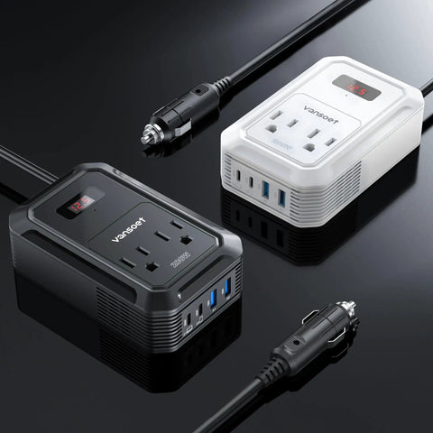 Roadtrip Ready Car Power Inverter Converts Dc 12V To Ac 110V With 200 Watt Output, showing black and white inverters with USB ports.