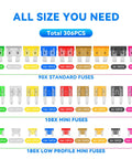 Premium Solid Automotive Fuse Assortment Kit Hella Complete 306 Piece showing 90 standard, 108 mini, and 180 low profile blades.